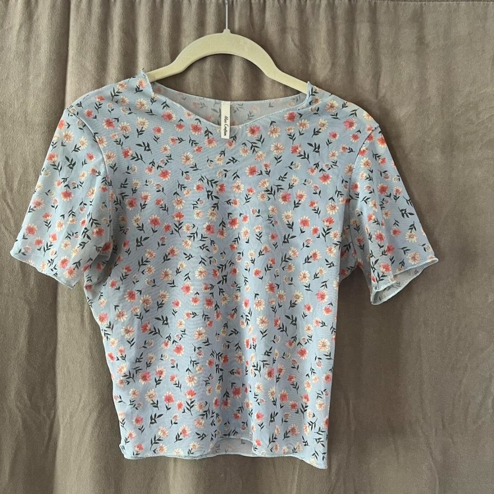Miss Crofton London sheer mesh blue & pink floral crop top S